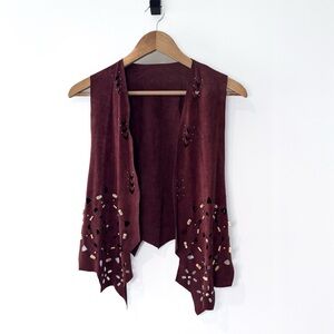 Rafia Studio Vintage Brown Faux Suede Laser Cut Beaded Western Boho Vest Small